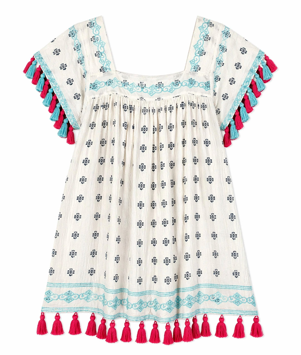 Mer St Barth Sandrine Mini Dress Sz S White Blue Pink Tassel Fringe Boho Resort